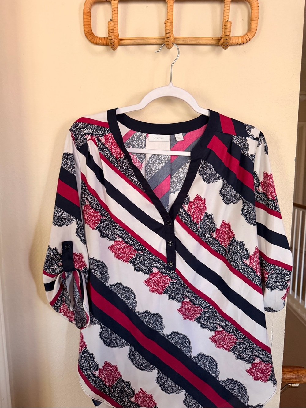 New York & Company Pink, Navy & White Diagonal Stripe Paisley Henley
